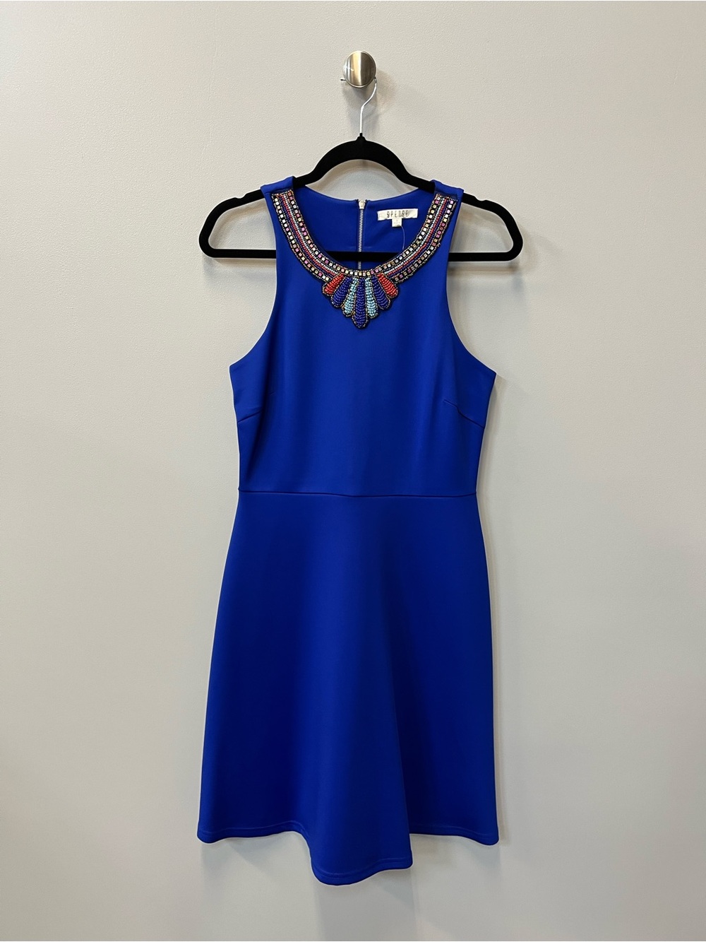 Spense Cobalt Blue Beaded-Neck A-Line Mini Dress